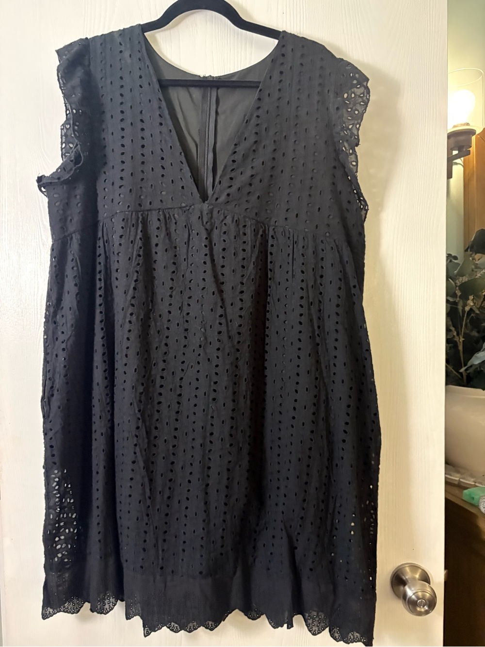 Black Eyelet Cotton V-Neck Women's Dress w/ Shorts Underneath, 2X
